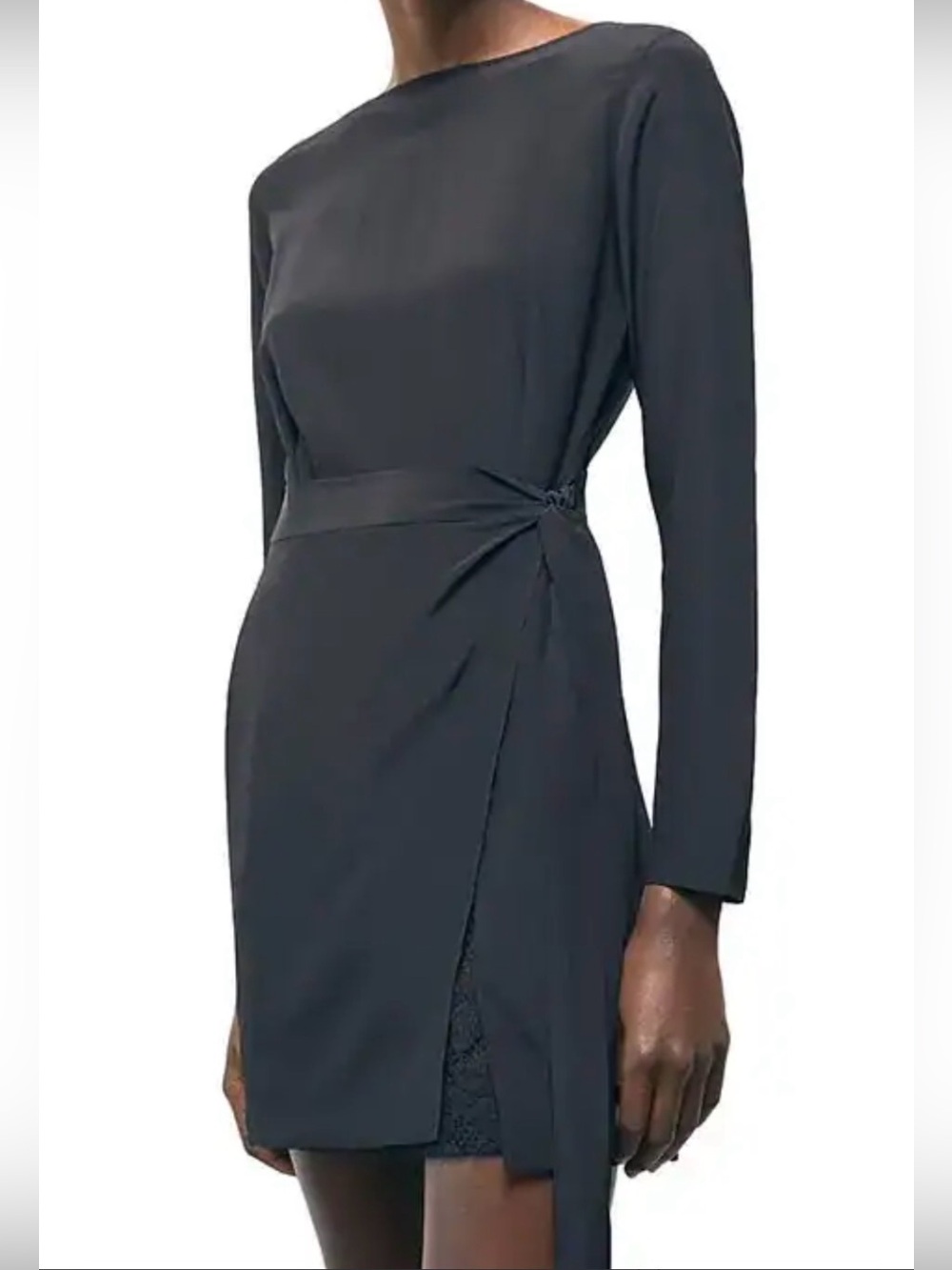 The Kooples Long Sleeve Side-Tie Lace inset Mini Dress, Size L 8/10  Black